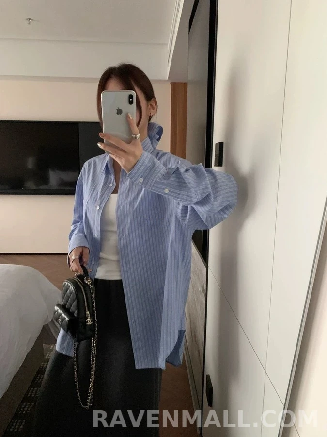 생로랑 세인트로랑 로고 스트라이프 셔츠 상세 이미지