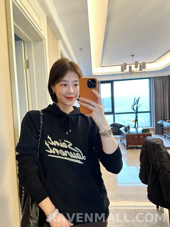 생로랑 세인트로랑 로고 플록 프린트 후드티 상세 이미지