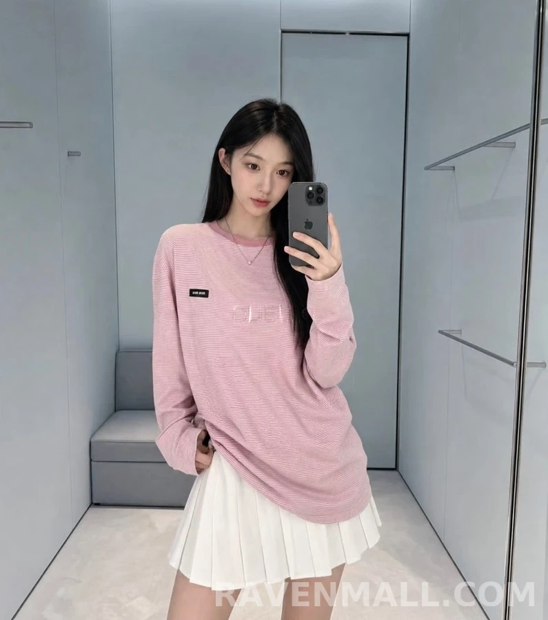 미우미우 미우미우 벚꽃핑크 스트라이프 긴팔 티셔츠 상세 이미지