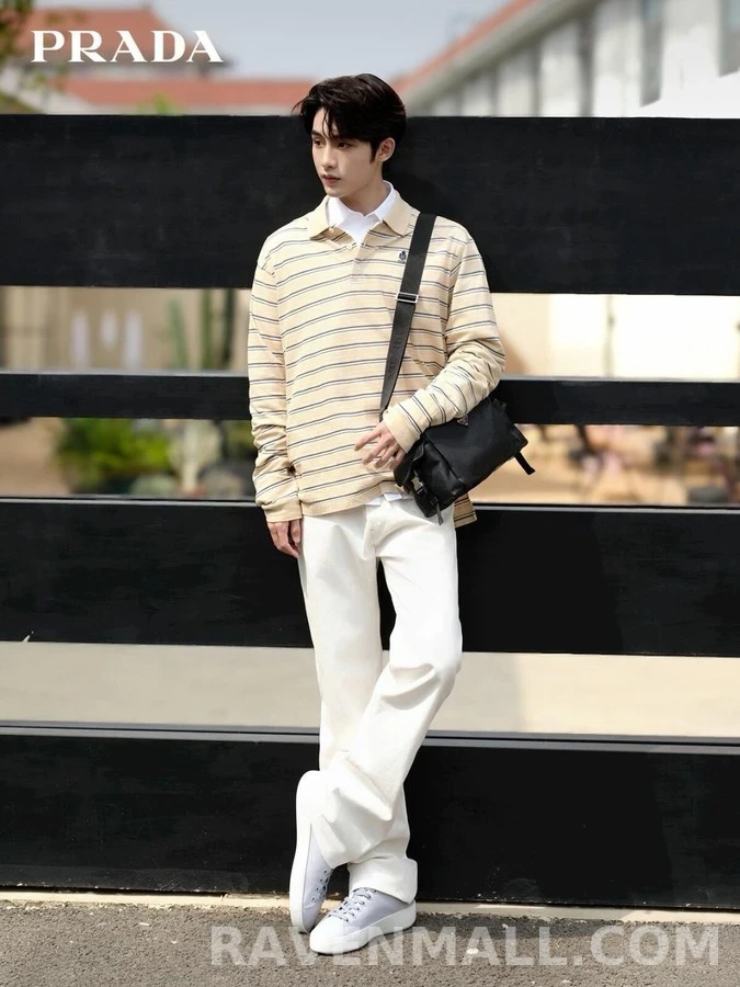 프라다 프라다 스트라이프 폴로 긴팔 티셔츠 상세 이미지