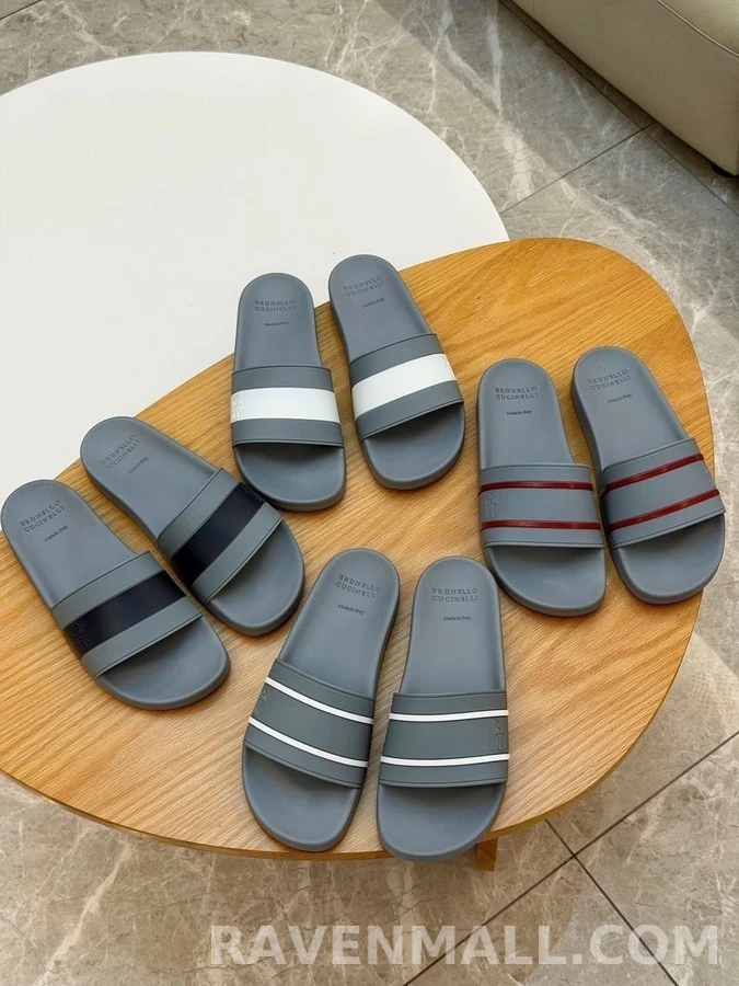 브루넬로 쿠치넬리 브루넬로 쿠치넬리 로고 스트라이프 슬라이드 샌들 상세 이미지
