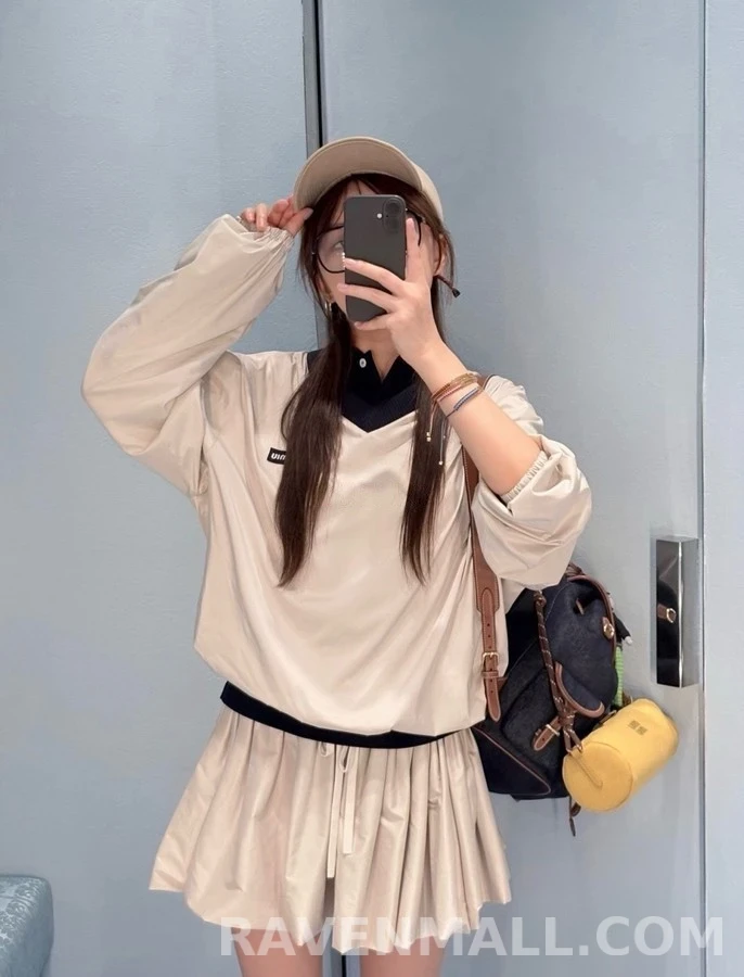 미우미우 미우미우 배색 V넥 나일론 긴팔 티셔츠 상세 이미지
