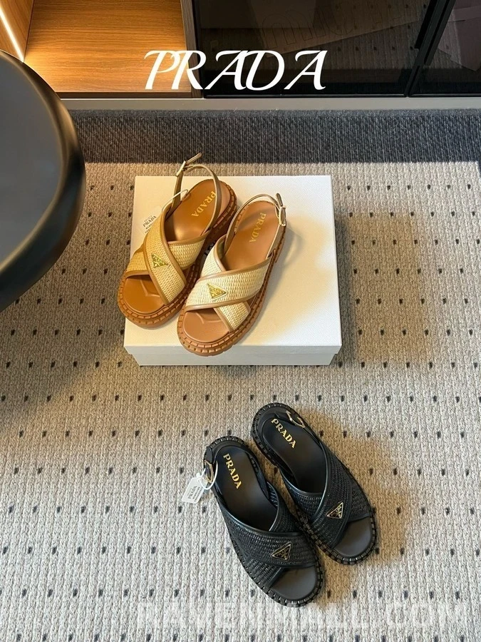 프라다 프라다 라피아 엮음 크로스 플랫폼 샌들 상세 이미지