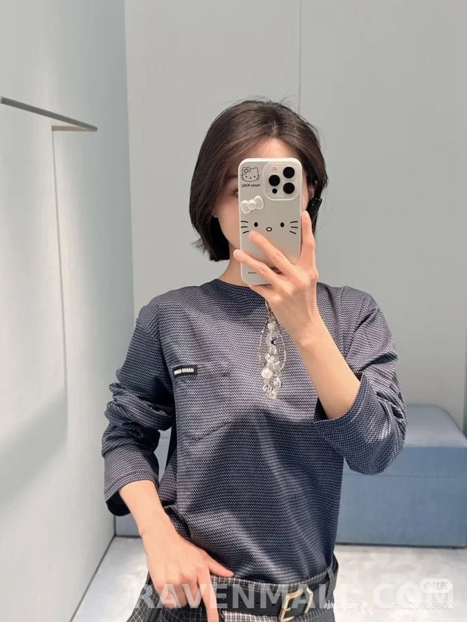 미우미우 미우미우 감색 자카드 긴팔 티셔츠 상세 이미지