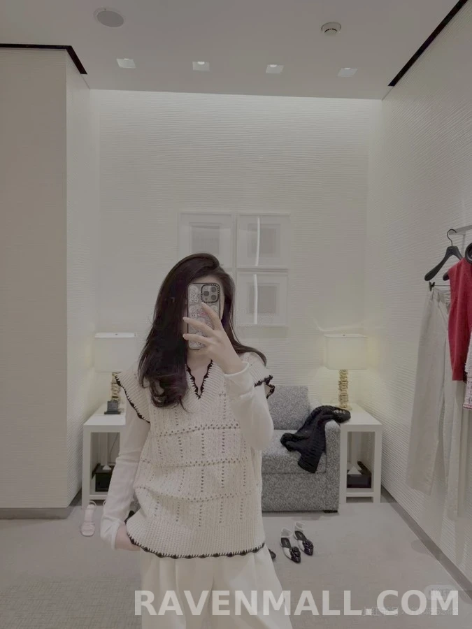 샤넬 샤넬 배색 V넥 크로셰 니트 베스트 상세 이미지