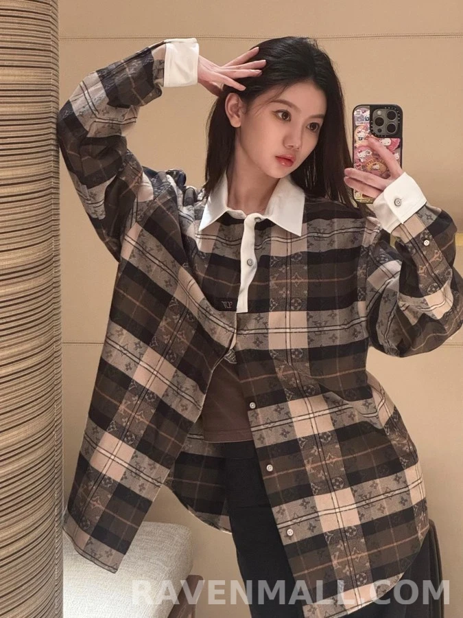 루이비통 루이비통 배색 카라 체크 긴팔 티셔츠 상세 이미지