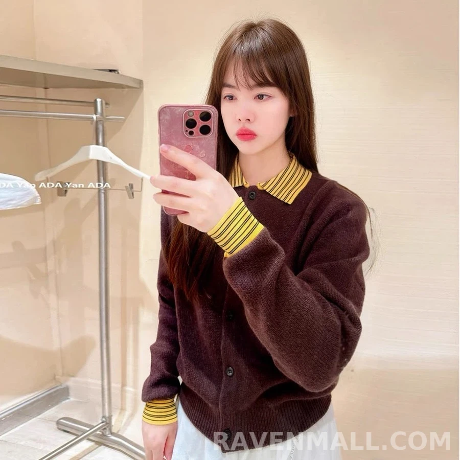 미우미우 미우미우 스트라이프 칼라 캐시미어 가디건 상세 이미지