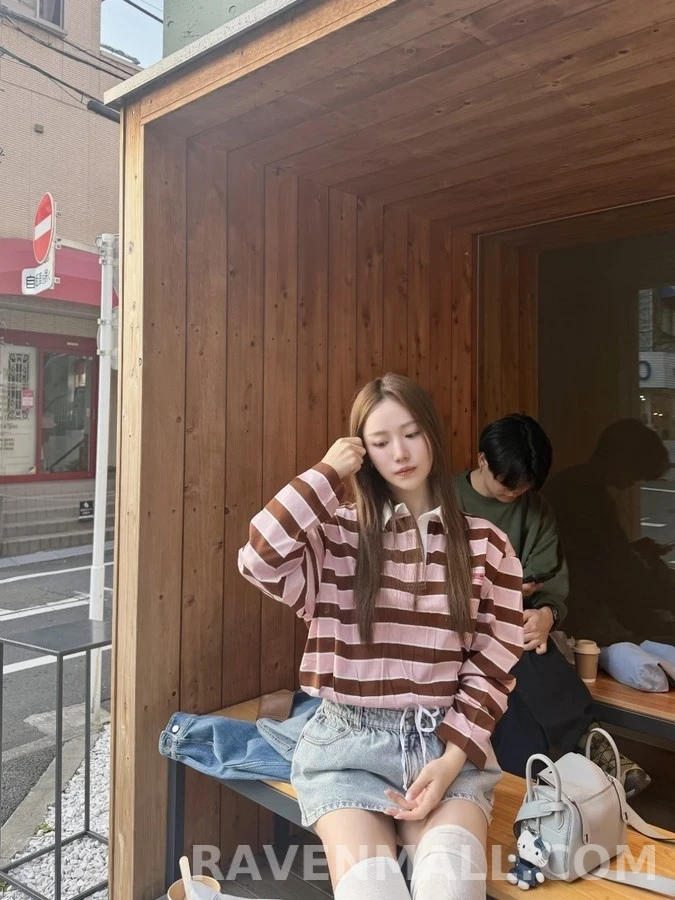 프라다 프라다 스트라이프 폴로 드로스트링 긴팔 티셔츠 상세 이미지