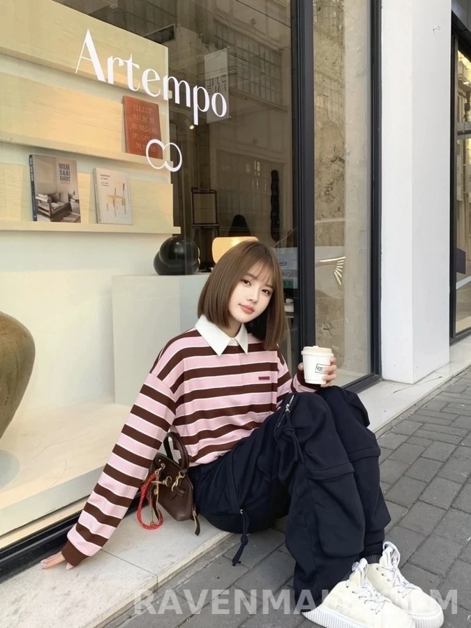 프라다 프라다 스트라이프 폴로 드로스트링 긴팔 티셔츠 상세 이미지