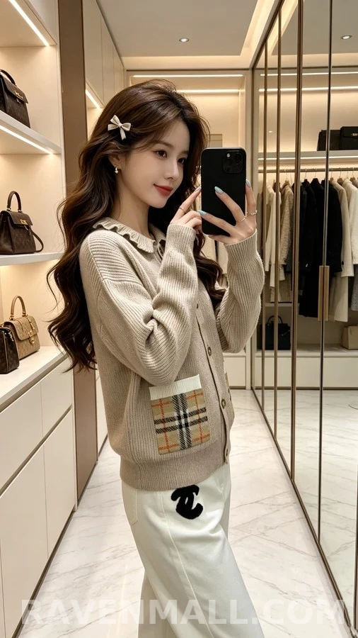 버버리 버버리 러플 칼라 체크 포켓 가디건 상세 이미지