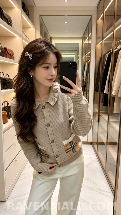 버버리 버버리 러플 칼라 체크 포켓 가디건 상세 이미지