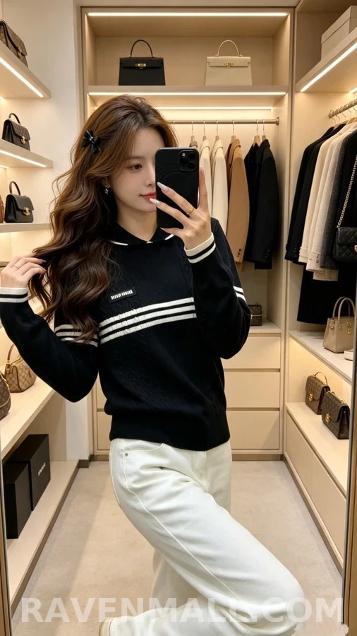 미우미우 미우미우 스트라이프 카라 케이블 니트 상세 이미지