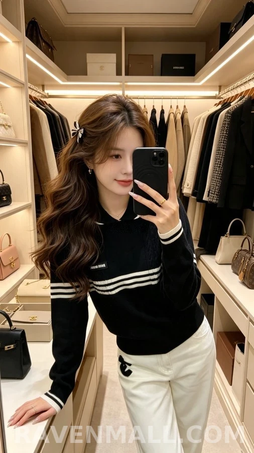 미우미우 미우미우 스트라이프 카라 케이블 니트 상세 이미지