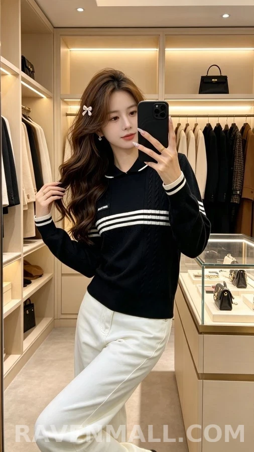 미우미우 미우미우 스트라이프 카라 케이블 니트 상세 이미지