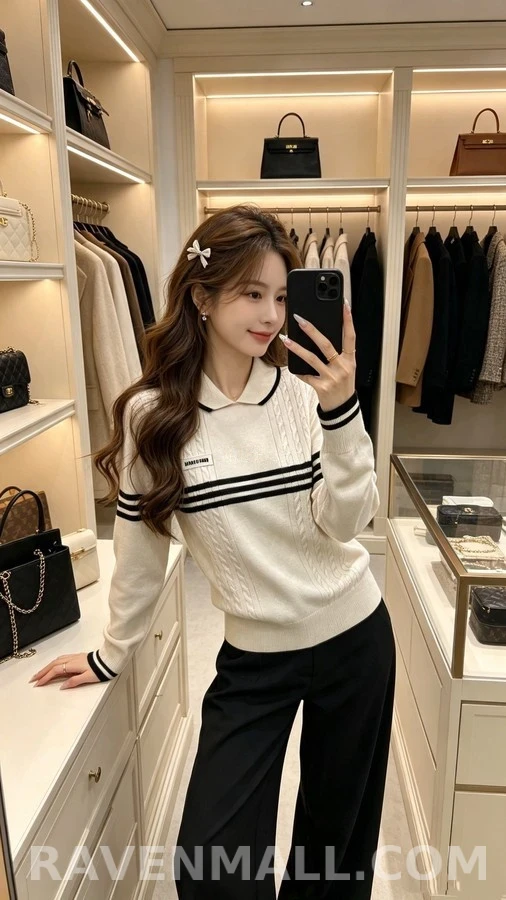 미우미우 미우미우 스트라이프 카라 케이블 니트 상세 이미지