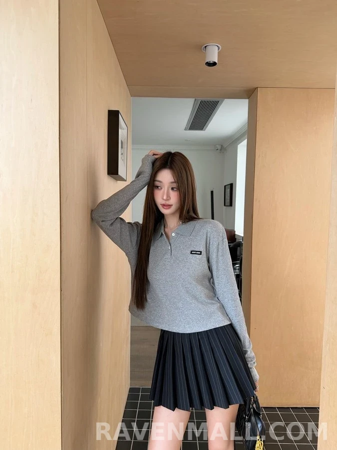 미우미우 미우미우 로고 크롭 폴로 긴팔 티셔츠 상세 이미지