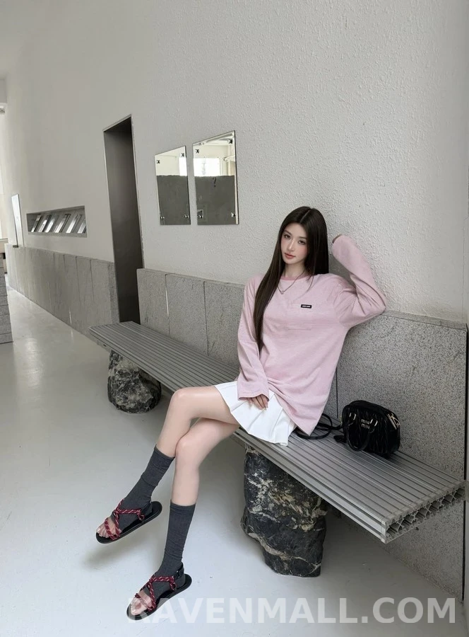 미우미우 미우미우 로고 스트라이프 긴팔 티셔츠 상세 이미지
