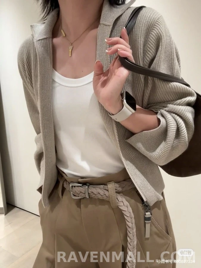 브루넬로 쿠치넬리 브루넬로 쿠치넬리 립 조직 칼라 집업 니트 상세 이미지