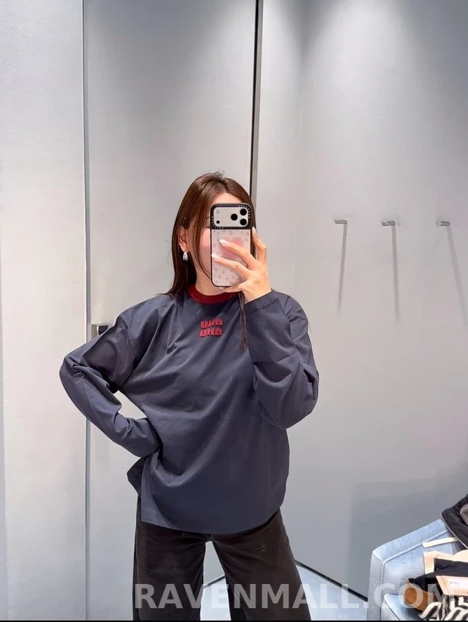 미우미우 미우미우 로고 배색 긴팔 티셔츠 상세 이미지