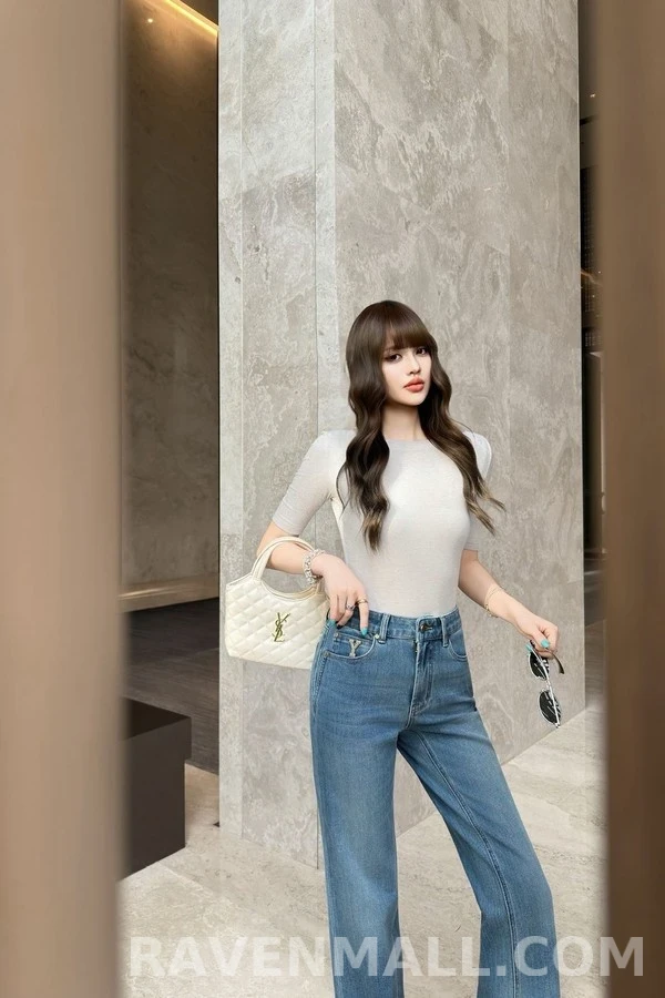 생로랑 세인트로랑 Y 로고 자수 플레어 데님 팬츠 상세 이미지