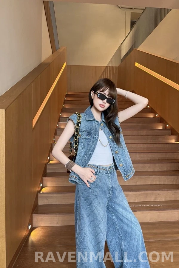 샤넬 샤넬 퀼팅 데님 와이드 팬츠 상세 이미지