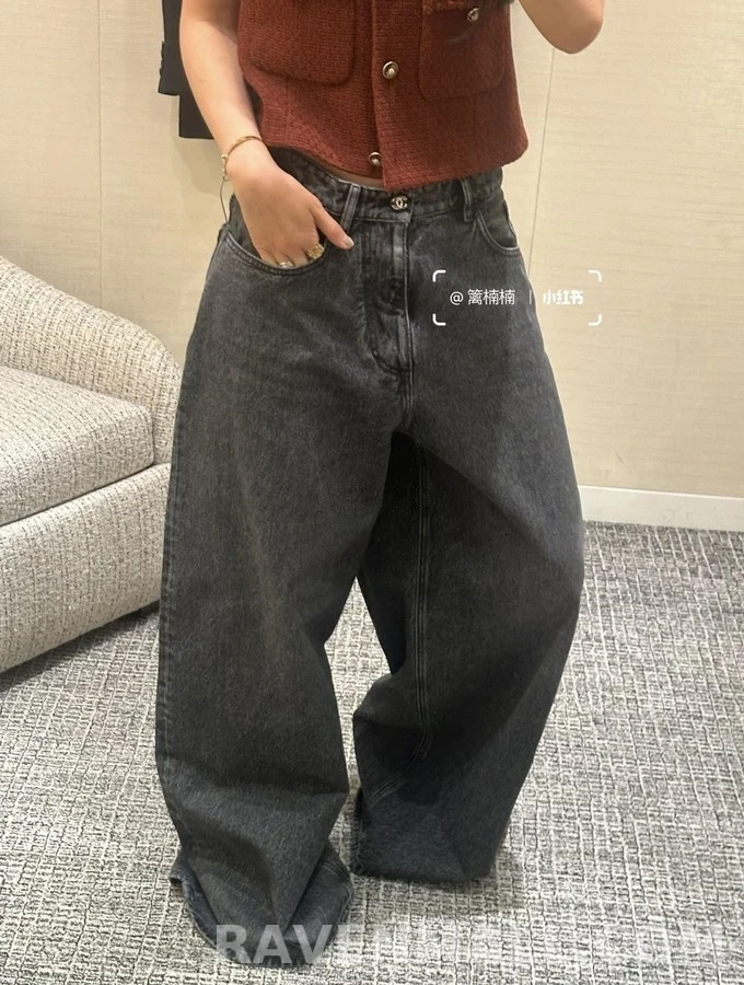 샤넬 샤넬 로고 자수 와이드 데님 팬츠 상세 이미지