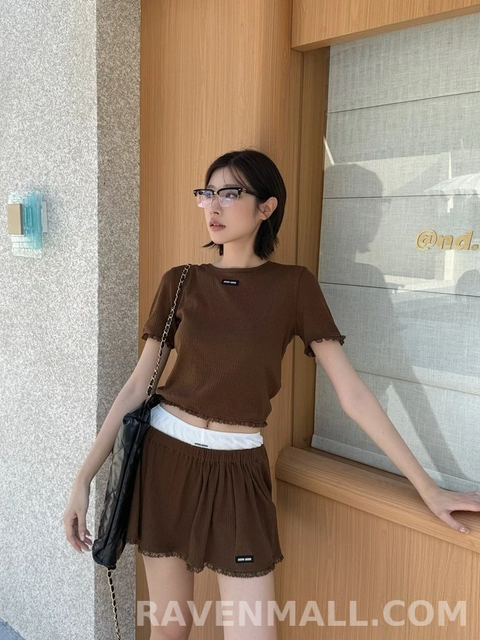미우미우 미우미우 로고 레이스 플레어 스커트 상세 이미지