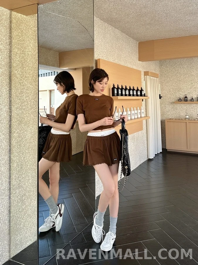 미우미우 미우미우 로고 레이스 플레어 스커트 상세 이미지