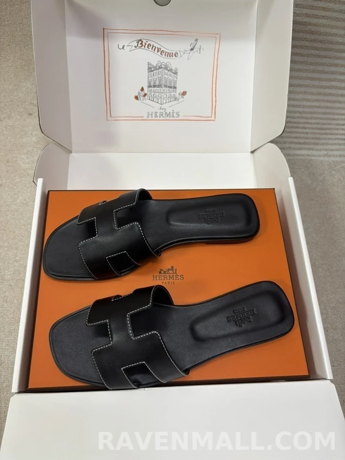 에르메스 에르메스 H 로고 가죽 슬라이드 상세 이미지