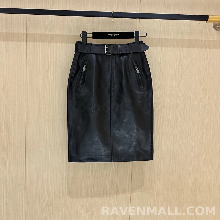생로랑 세인트로랑 벨티드 지퍼 레더 스커트 상세 이미지