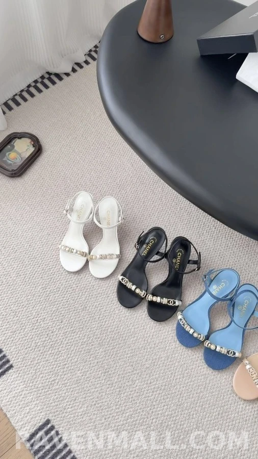 샤넬 샤넬 진주 장식 데님 샌들 힐 상세 이미지