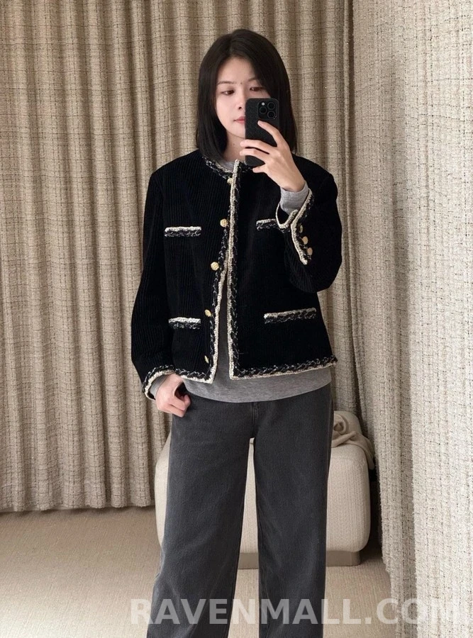 샤넬 샤넬 벨벳 스트라이프 트위드 트리밍 자켓 상세 이미지