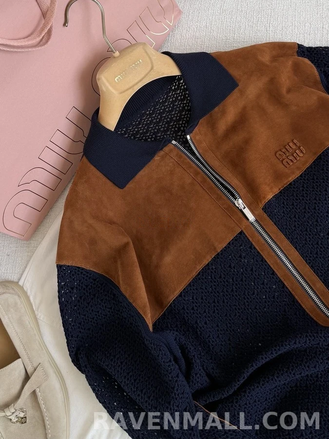 미우미우 미우미우 스웨이드 배색 펀칭 니트 집업 자켓 상세 이미지