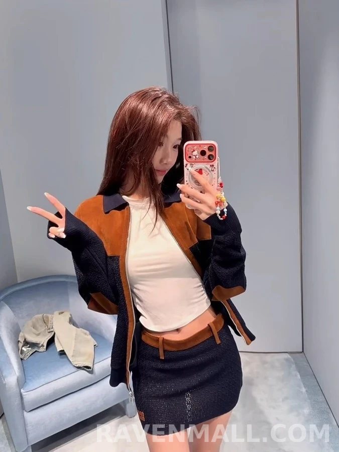 미우미우 미우미우 스웨이드 배색 펀칭 니트 집업 자켓 상세 이미지