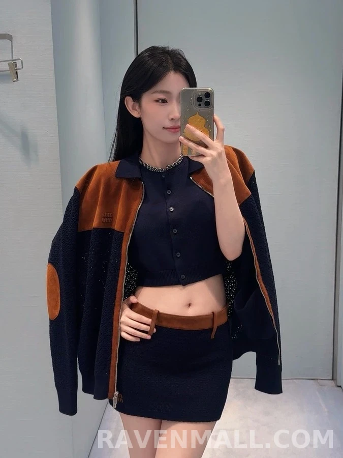 미우미우 미우미우 스웨이드 배색 펀칭 니트 집업 자켓 상세 이미지
