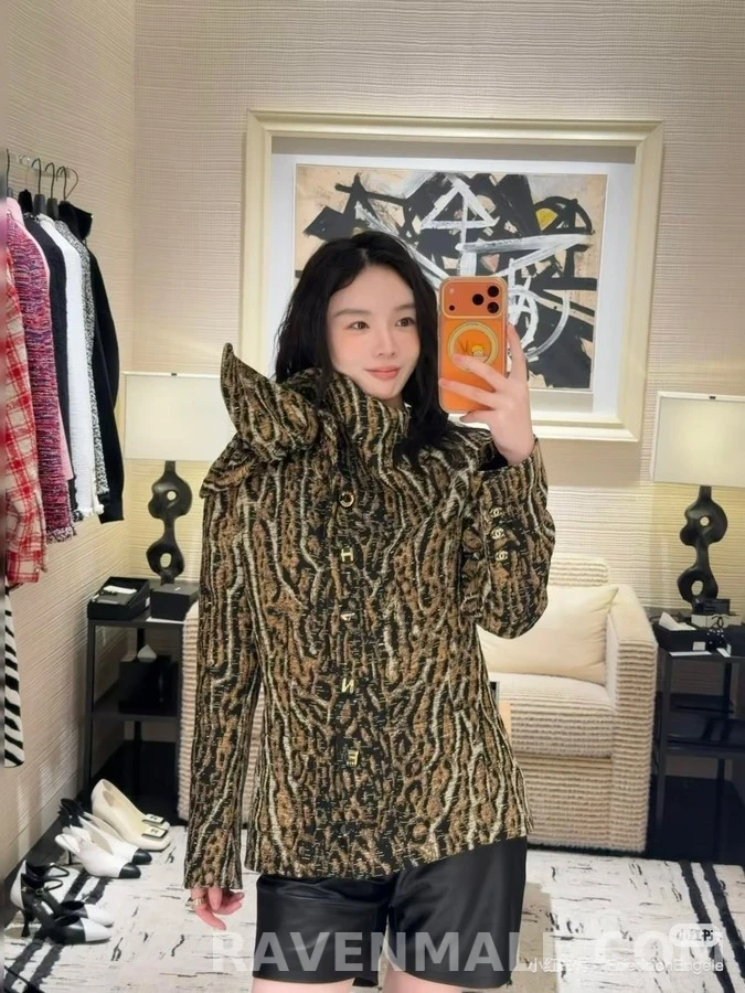샤넬 샤넬 호피 무늬 보우칼라 트위드 자켓 상세 이미지