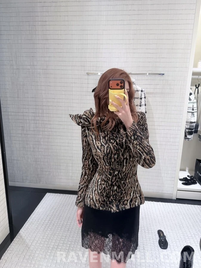 샤넬 샤넬 호피 무늬 보우칼라 트위드 자켓 상세 이미지