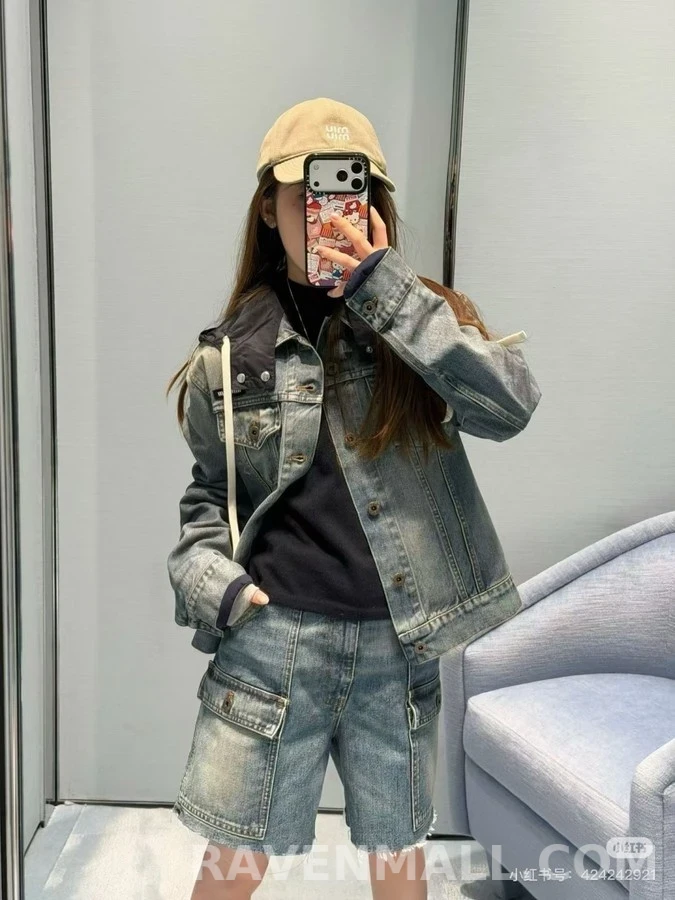 미우미우 미우미우 페이크 레이어드 레터링 데님 후드 상세 이미지
